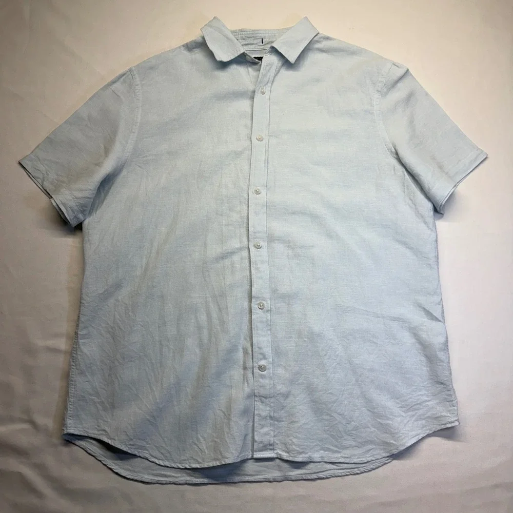 Banana Republic Linen Shirt XL Blue Coastal Beach Resort Summer Camp Collar Slim